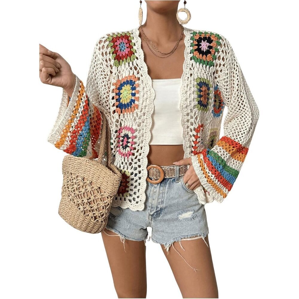 Women's Crochet Floral Cardigan Open Front Long Sleeve Sweater Apricot